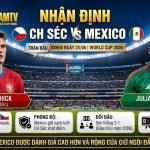 Patrik Schick (Séc) đối đầu Julian Quinones (Mexico) trên sân Azteca cho trận đấu World Cup 2026, với tiêu đề "NHẬN ĐỊNH CH SÉC VS MEXICO" và dự đoán tỷ số 0-2.
