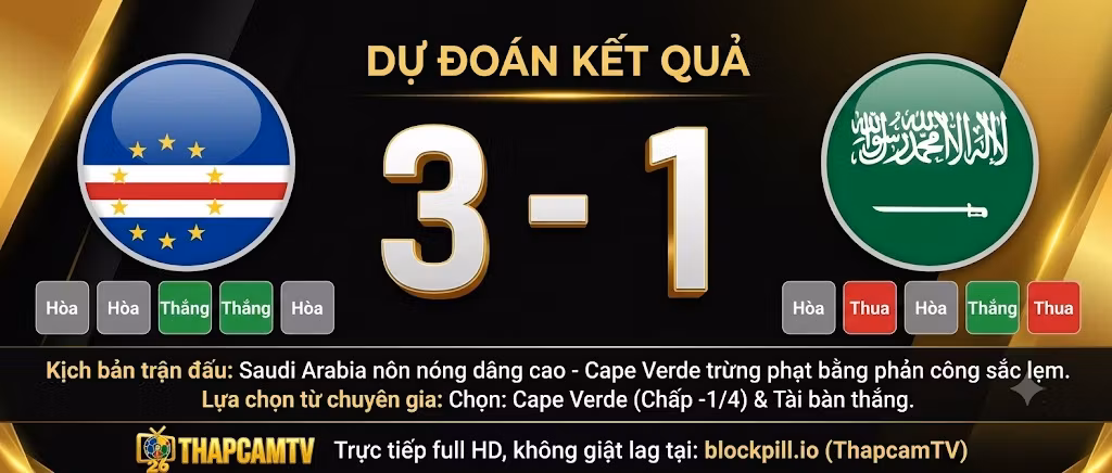 Dự đoán tỷ số trận Cape Verde vs Saudi Arabia là 3-1, kịch bản trận đấu và thống kê phong độ cập nhật trên blockpill.io.