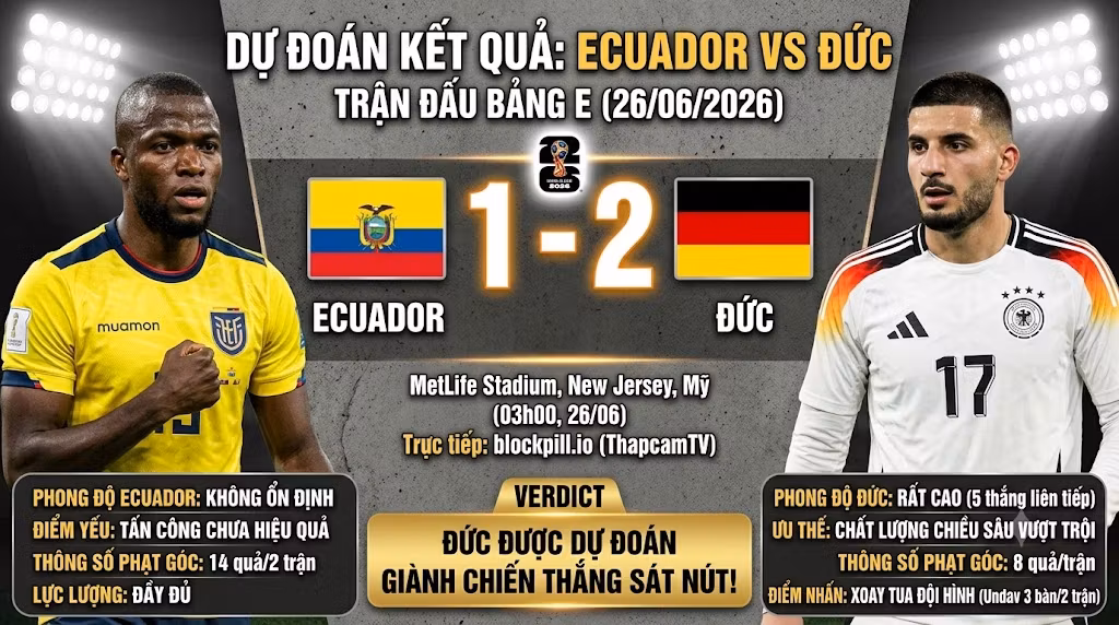 Dự đoán kết quả tỷ số 1-2 trận Ecuador vs Đức tại World Cup 2026, góc nhìn chuyên môn từ ThapcamTV.
