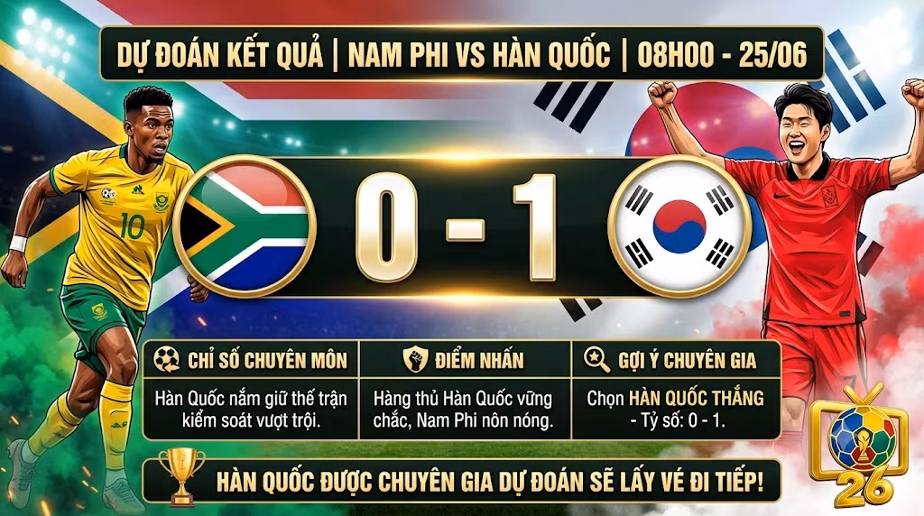 BLV Man Man dự đoán tỷ số Nam Phi 0-1 Hàn Quốc, đại diện châu Á giành vé đi tiếp tại World Cup 2026.