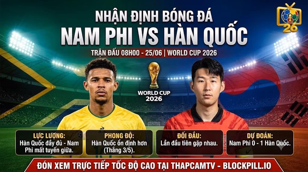 Hình ảnh nhận định bóng đá Nam Phi vs Hàn Quốc lúc 08h00 ngày 25/06 bảng A World Cup 2026 chi tiết trên Thapcamtv.